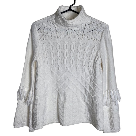 Woman's Cable Knit Sweater-Fringe, Faux Pearl, Turtleneck, Warm - Picture 9 of 9